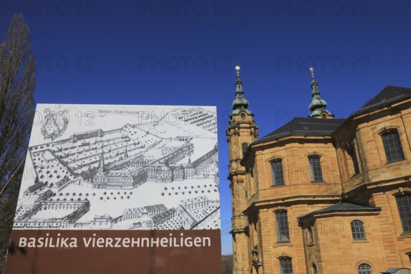Information board about the history, pilgrimage church Basilica Vierzehnheiligen near Bad