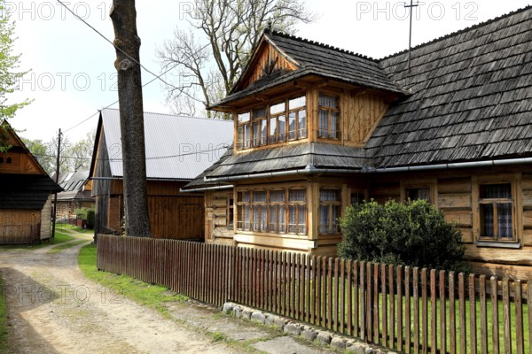 Traditional wooden houses in the village of Chocholow, detail of Podhale-style wooden architecture,