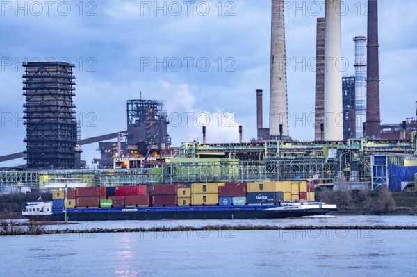 Shipping traffic on the Rhine near Duisburg-Bruckhausen, industrial setting of the ThyssenKrupp