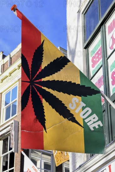Flag with marijuana leaf at a cannabis shop in the pedestrian zone of The Hague, South Holland