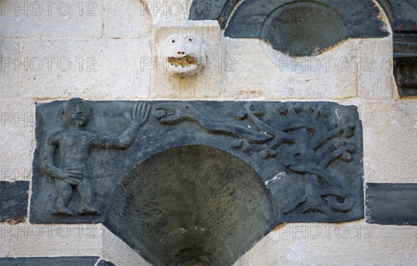 Details on the façade of the Romanesque Pisan church of San Michele de Murato, Bevinco Valley,