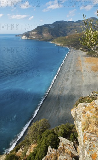 Black pebble beach Plage de Nonza or Plage Negro, Cap Corse, Haute-Corse Department, Corsica,