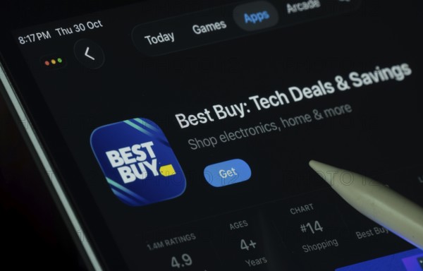 Dhaka, Bangladesh- 30 Oct 2025: Best Buy app displayed on a iPad screen in dark mode with a digital