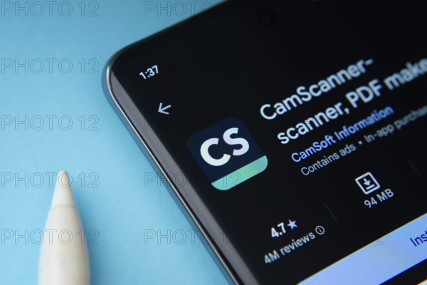 Dhaka, Bangladesh- 27 July 2025: CamScanner app from Google Playstore is displayed on a smartphone