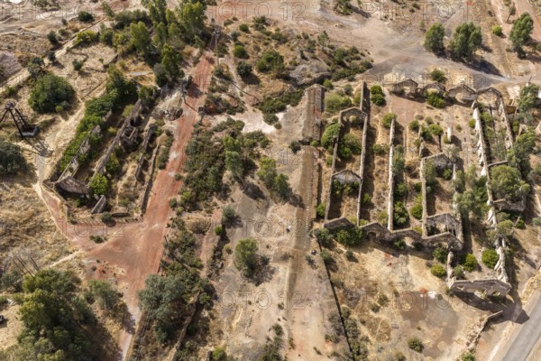 Ruins of former workshop halls, Mina de Sao Domingos, historic copper open-pit mine, aerial view,
