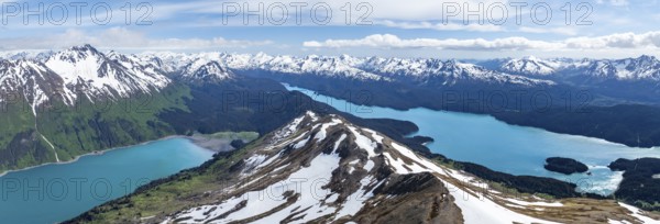 View of mountain landscape with turquoise blue fjord Sadie Cove and Tutka Bay, aerial view, Grace