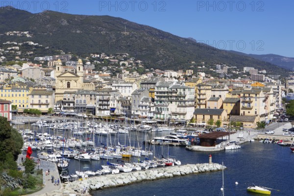 View from the citadel of the old port with marina and church of Saint Jean-Baptiste à Bastia or
