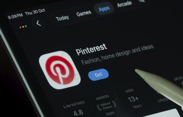 Dhaka, Bangladesh- 30 Oct 2025: Pinterest app displayed on a iPad screen in dark mode with a