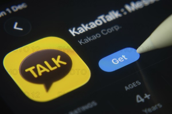 Dhaka, Bangladesh- 01 Dec 2025: A close-up of the KakaoTalk app icon in the App Store on an iPad