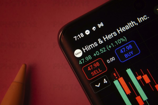 Dhaka, Bangladesh- 08 Sep 2025: Close-up of a phone screen showing Hims & Hers Health stock market
