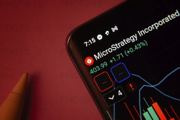 Dhaka, Bangladesh- 08 Sep 2025: Close-up of a phone screen showing MicroStrategy stock market data