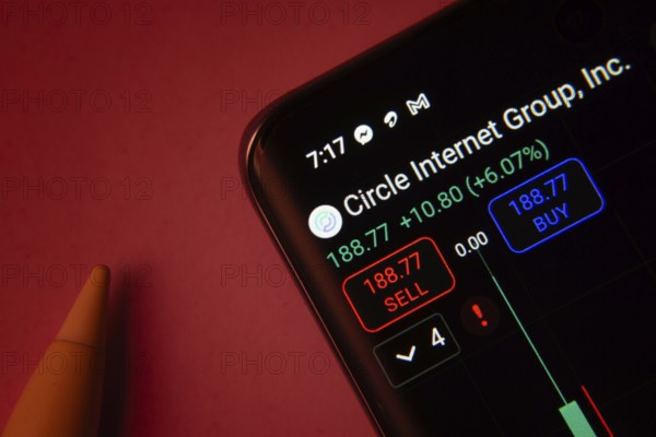 Dhaka, Bangladesh- 08 Sep 2025: Close-up of a phone screen showing Circle Internet Group stock