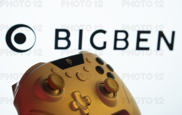 Dhaka, Bangladesh- 20 Mar 2025: A close-up of a gamepad with the Bigben Interactive seen on screen