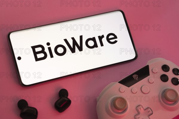 Dhaka, Bangladesh- 08 Apr 2025: A smartphone displaying the BioWare logo next to a gaming