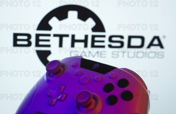 Dhaka, Bangladesh- 20 Mar 2025: A close-up of a gamepad with the Bethesda Game Studios seen on