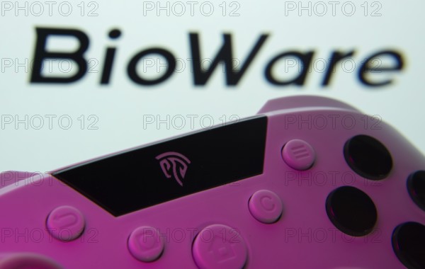 Dhaka, Bangladesh- 24 Mar 2025: A close-up of a gamepad with the BioWare seen on screen in the