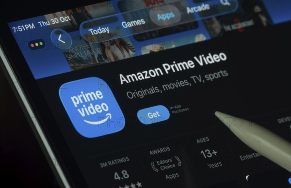 Dhaka, Bangladesh- 30 Oct 2025: Amazon Prime Video app displayed on a iPad screen in dark mode with