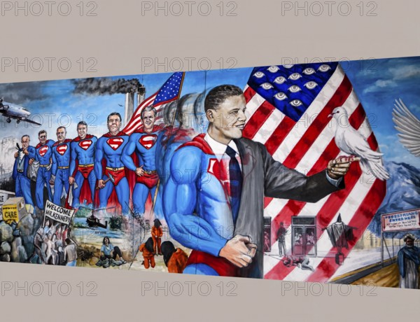 Political painting features several prominent U.S. Presidents dressed in Superman costumes, uses
