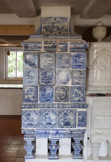 Faience tiled stove or Kachelofen from Northern Germany, ca. 1800, Keramik.um museum, an exhibition