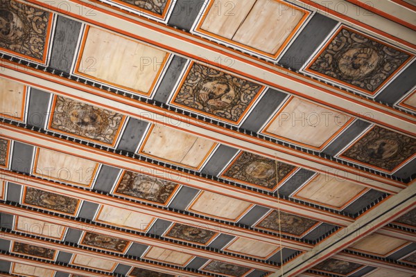 Inner view, Wood paneled ceiling with saints, Saint Giles or market church St. Aegidien, Osterode,