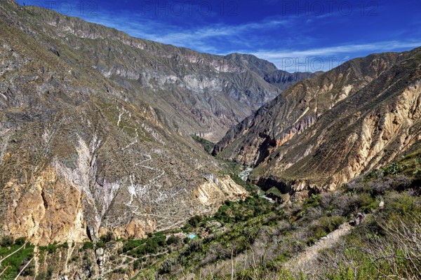Extensive mountain landscape with a deep gorge under blue sky, The landscape of Colca Canyon in the