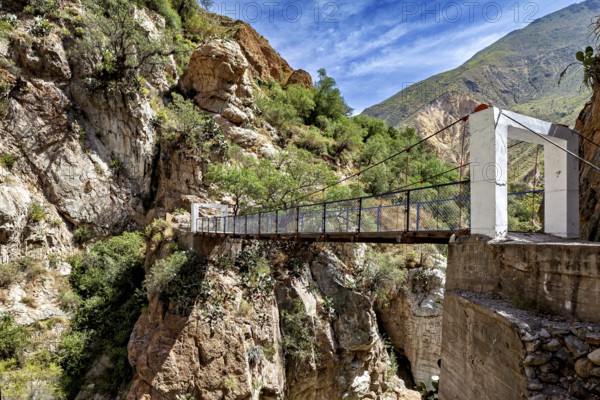 Suspension bridge between rocks under a blue sky, The landscape of the Colca Canyon in the Andes of