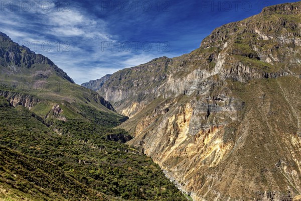 Impressive rock cliffs stretch across a green valley, the landscape of the Colca Canyon in the Aden