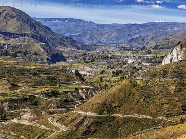 Mountainous scenery with river valley and terraced fields, the landscape of the Colca Canyon in the