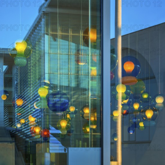 Artistic lamp installation with window reflection of the Marie-Elisabeth-Lüders House, art,