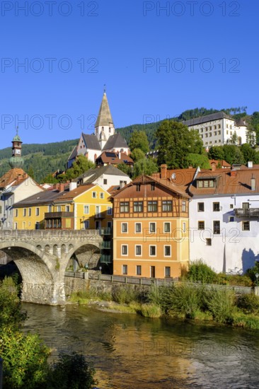 Murau with Obermurau Castle and St. Matthew Church, Mur River, Styria, Austria