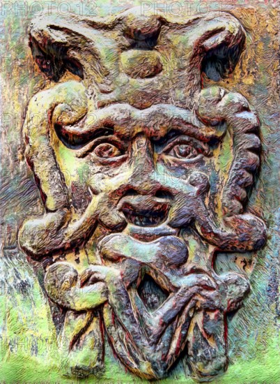 Old stone mask, face on a wall, Welf Castle of Herzberg, Herzberg am Harz, district of Göttingen,