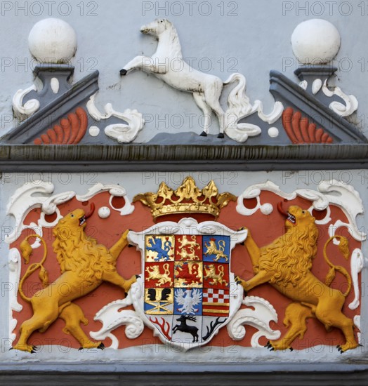 Alliance coat of arms of the House of Welf with Saxon Steed, Welf Castle of Herzberg, Herzberg am