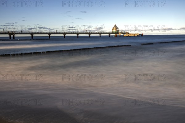 Groes and pier with diving gondola, long exposure, evening light, Zingst, Fischland-Darß-Zingst,