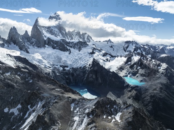 Aerial View, Epic Panorama, Large Glaciers, Lago de los Tres Laguna Sucia Glacier Lakes, Mountains
