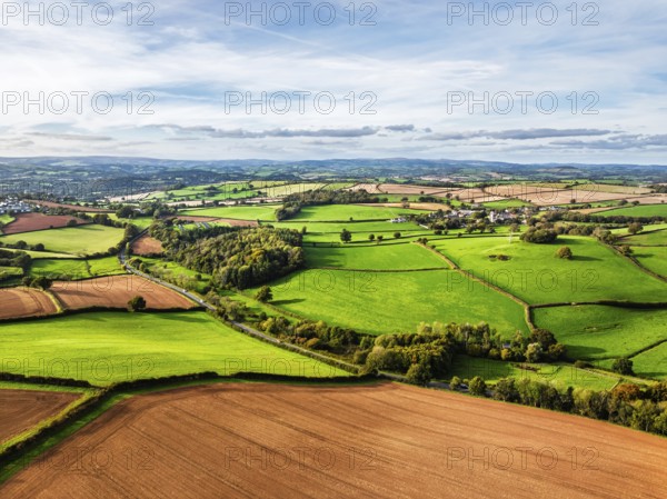 Colours of Devon Farms and Fields over Paignton and Berry Pomeroy from a drone, Totnes, England,