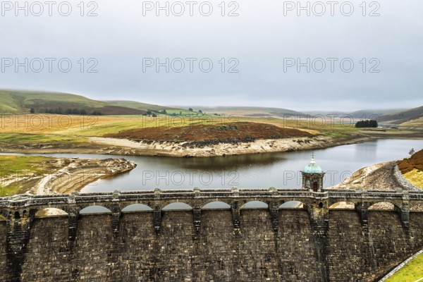Autumn over Craig Goch Dam from a drone, Elan Valley Reservoirs, Elan Valley, Rhayader, Powys,