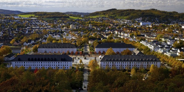 View from the Jübergturm of Sauerland Park in autumn and the city center of Hemer, Märkischer