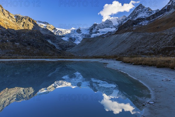 The Moiry glacier and mountain peaks are reflected in Lac de Chateaupre, Val d'Anniviers, Valais