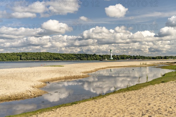 Falkensteiner Beach and Friedrichsort lighthouse on the Kiel Fjord, Kiel, Schleswig-Holstein,