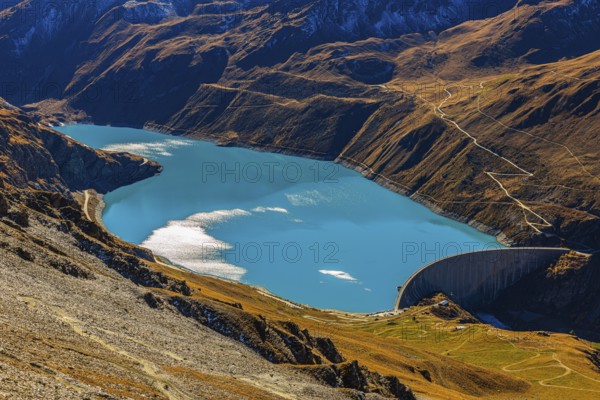 The dam and turquoise lake Lac de Moiry, Val d'Anniviers, Valais Alps, Canton of Valais,