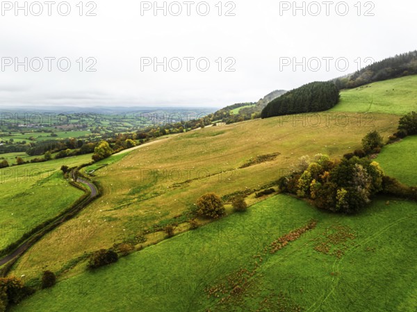 Autumn colours over Wales Farms and Fields from a drone, Grosmont, Abergavenny, Monmouthshire,