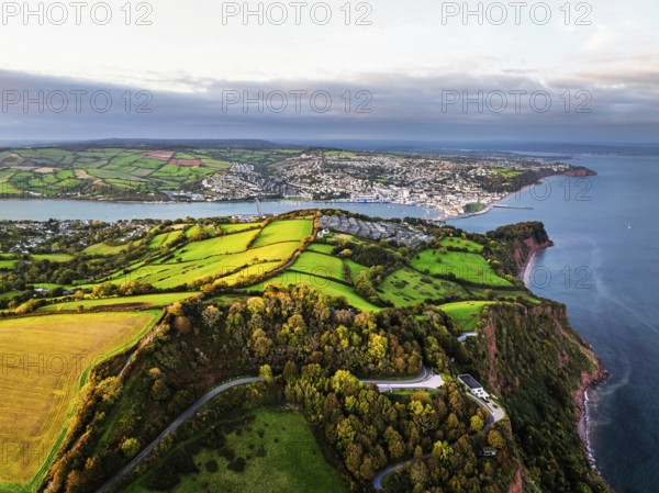 Colours of autumn Fields and Farms over Sheldon from a drone, Torbay, Devon, England, United