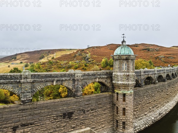 Autumn over Craig Goch Dam from a drone, Elan Valley Reservoirs, Elan Valley, Rhayader, Powys,
