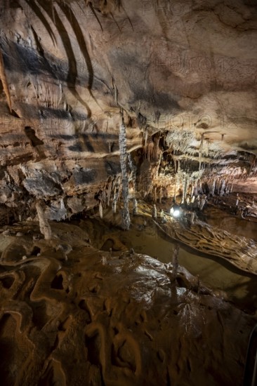 Stalactites and stalagmites, rock formations in a stalactite cave with water basin, Grotta del
