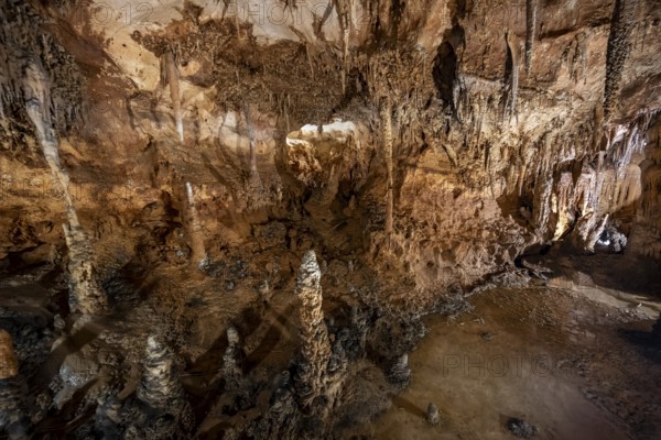 Stalactites and stalagmites, rock formations in a stalactite cave, Grotta del Fico, Gulf of Orosei,