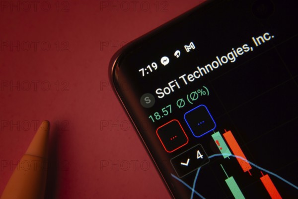 Dhaka, Bangladesh- 08 Sep 2025: Close-up of a phone screen showing SoFi Technologies Inc stock