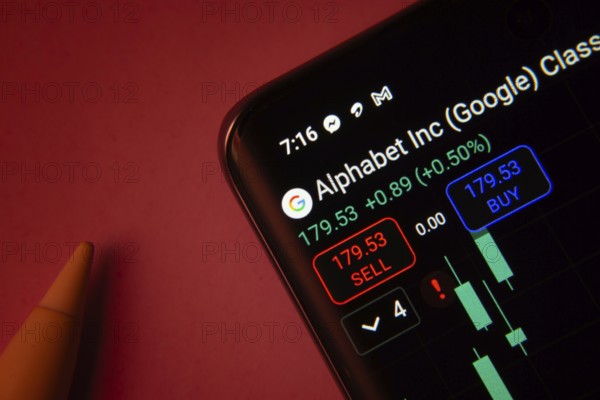 Dhaka, Bangladesh- 08 Sep 2025: Close-up of a phone screen showing Alphabet Inc stock market data