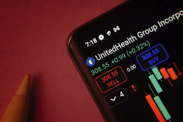 Dhaka, Bangladesh- 08 Sep 2025: Close-up of a phone screen showing UnitedHealth Group Incorporated