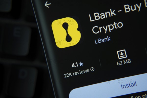 Dhaka, Bangladesh- 27 July 2025: LBank app from Google Playstore is displayed on a smartphone