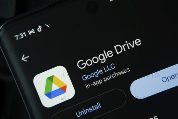 Dhaka, Bangladesh- 27 July 2025: Screen displaying Google Drive app with open and uninstall
